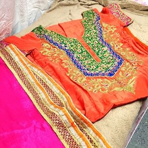 Indian and pakistani crepe suit with churidaar pants and chiffon dupatta